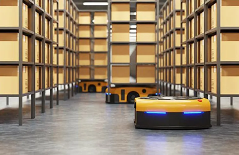 Autonomous guided vehicles navigating a warehouse floor on EdgeNectar's private 5G network