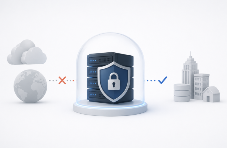 On-premises server protected by a security shield, data kept on-site
