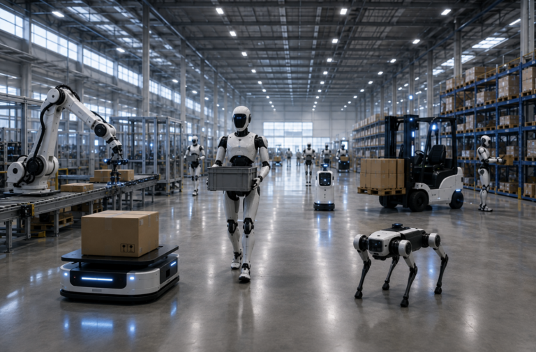 Autonomous factory floor with robots and AGVs