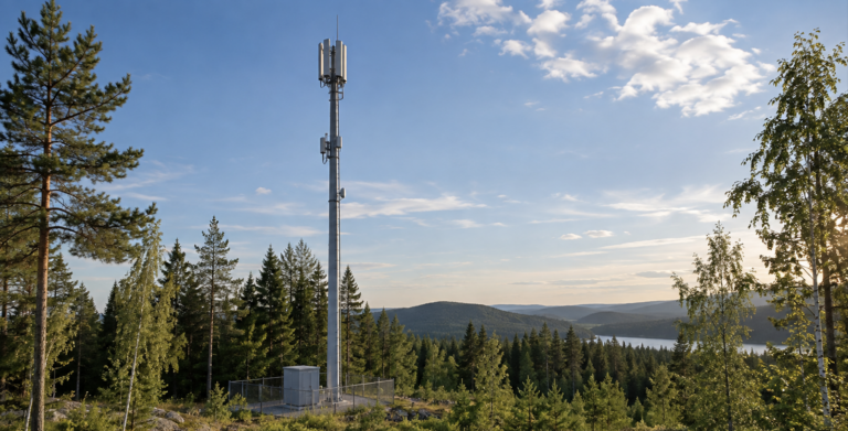 Private 5G radio mast in a forest landscape