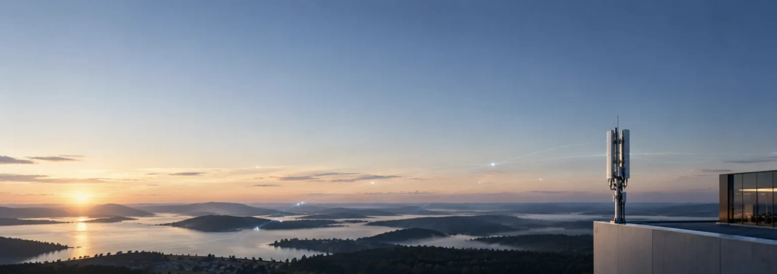 Private 5G radio mast on a rooftop overlooking a lake landscape at sunrise